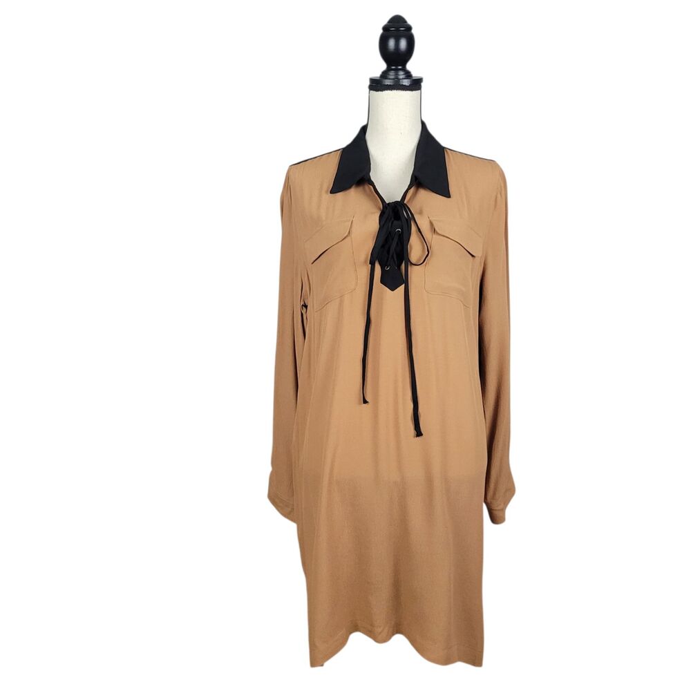 Tulip B Womens Lace Up Shirt Dress Camel Brown Black Contrast Long Sleeve XL NEW